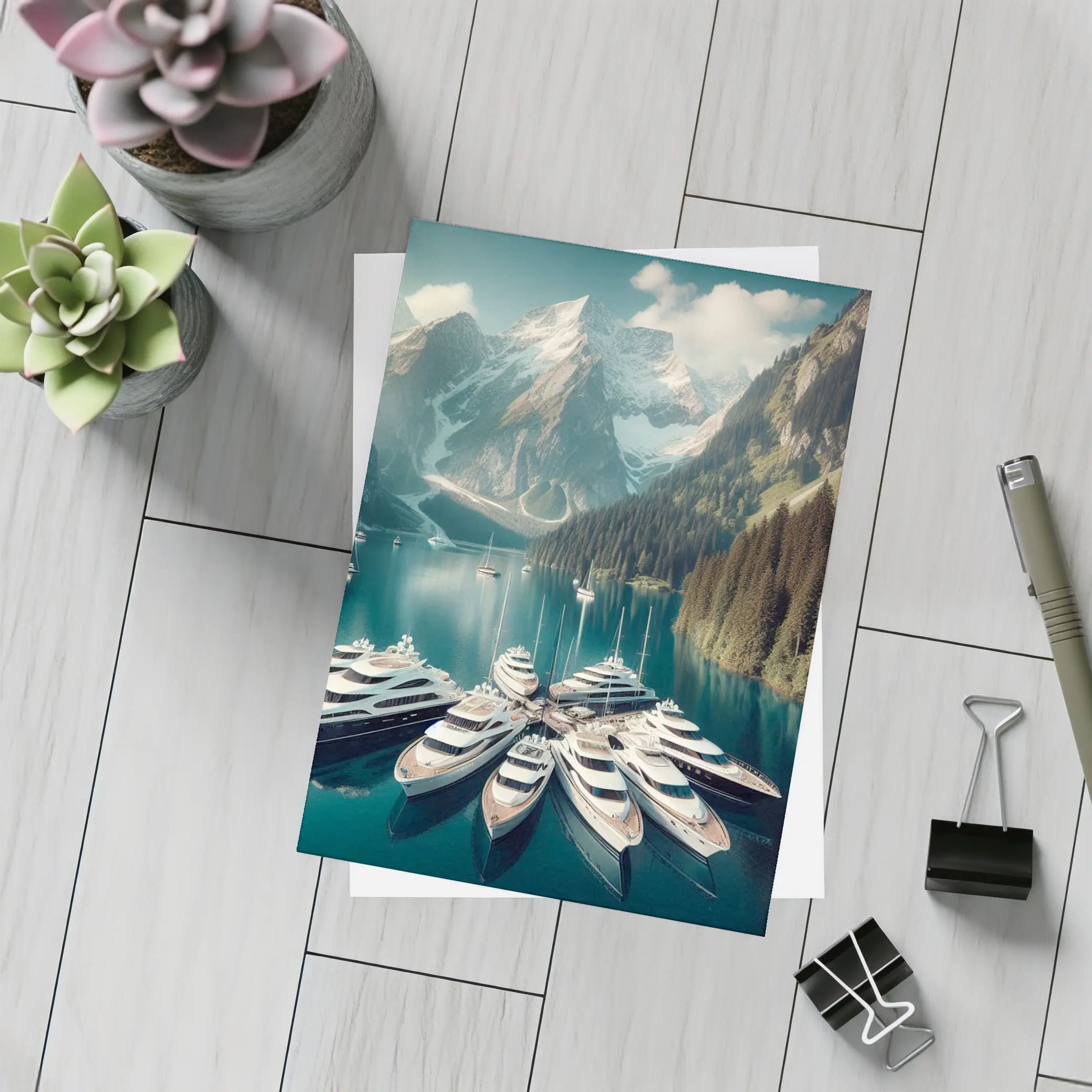 Luxury Yachts Docked Alpine Mountain Lake – Postcards