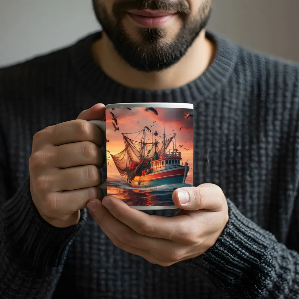 Fishing Trawler Sailing Ocean Sunset Seagulls – Mugs