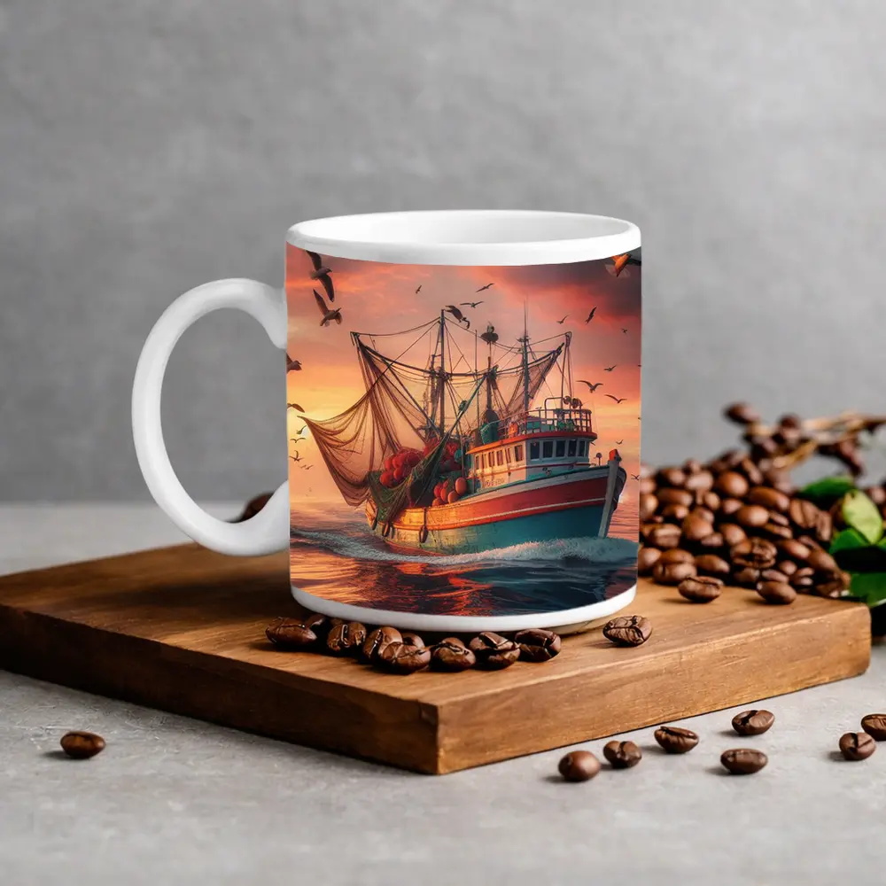 Fishing Trawler Sailing Ocean Sunset Seagulls – Mugs
