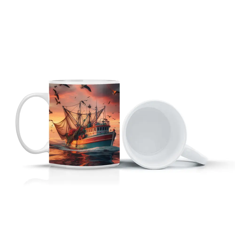 Fishing Trawler Sailing Ocean Sunset Seagulls – Mugs