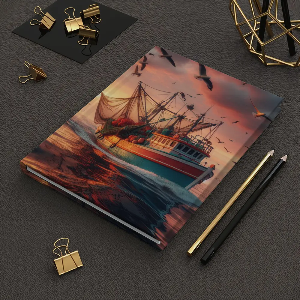 Fishing Trawler Sailing Ocean Sunset Seagulls – Notebooks