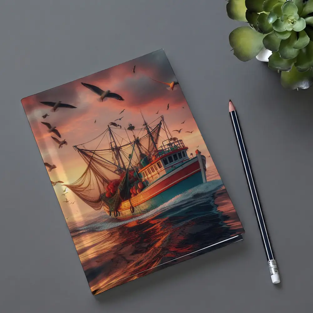 Fishing Trawler Sailing Ocean Sunset Seagulls – Notebooks
