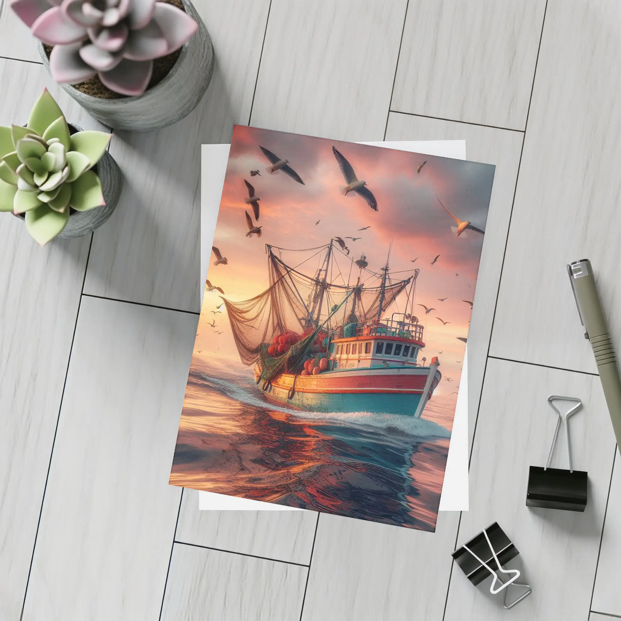 Fishing Trawler Sailing Ocean Sunset Seagulls – Postcards