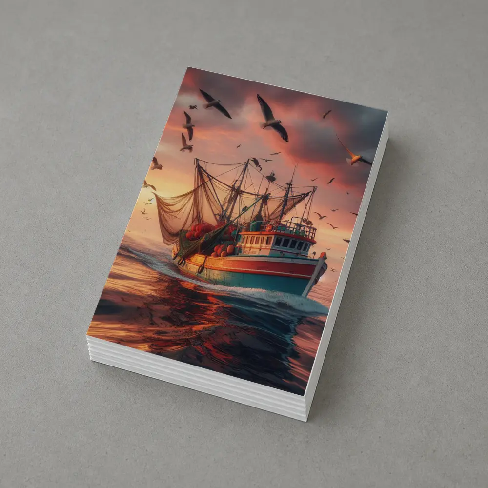Fishing Trawler Sailing Ocean Sunset Seagulls – Postcards