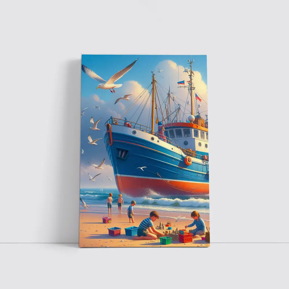 Fishing Boat Beach Kids Seagulls Blue Sky – Wall Art