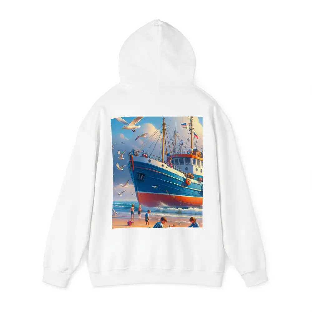 Fishing Boat Beach Kids Seagulls Blue Sky – Hoodies