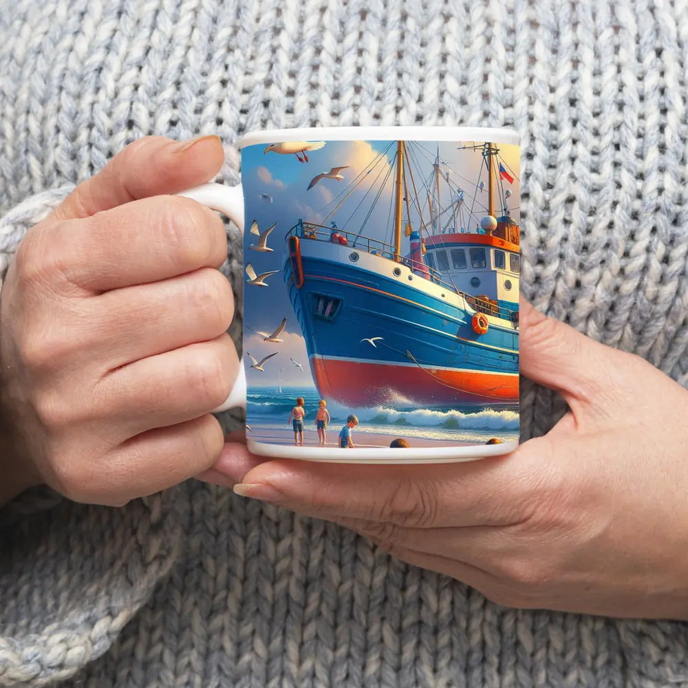 Fishing Boat Beach Kids Seagulls Blue Sky – Mugs