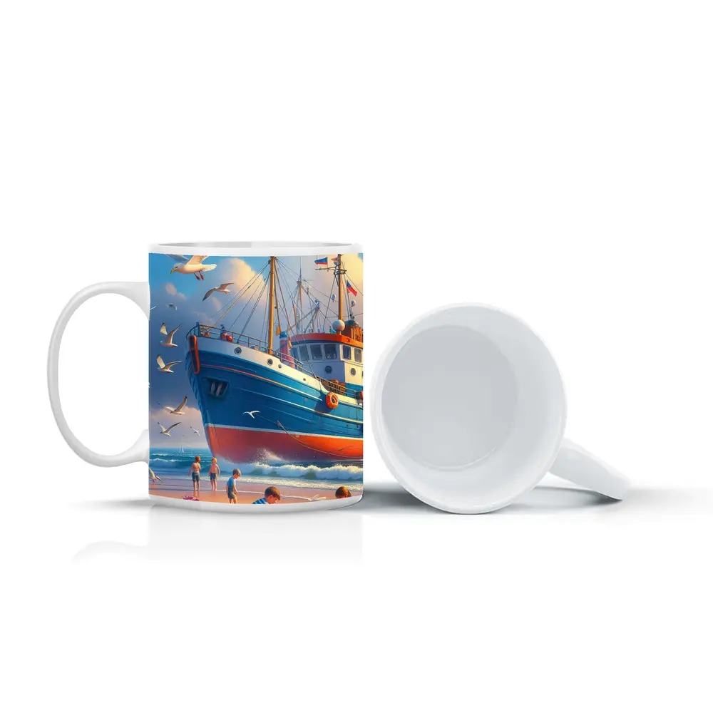 Fishing Boat Beach Kids Seagulls Blue Sky – Mugs