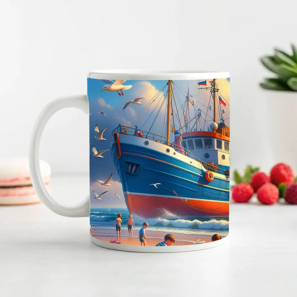 Fishing Boat Beach Kids Seagulls Blue Sky – Mugs