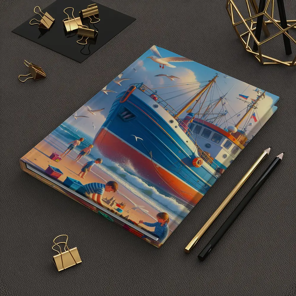 Fishing Boat Beach Kids Seagulls Blue Sky – Notebooks