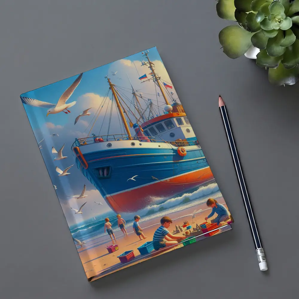 Fishing Boat Beach Kids Seagulls Blue Sky – Notebooks