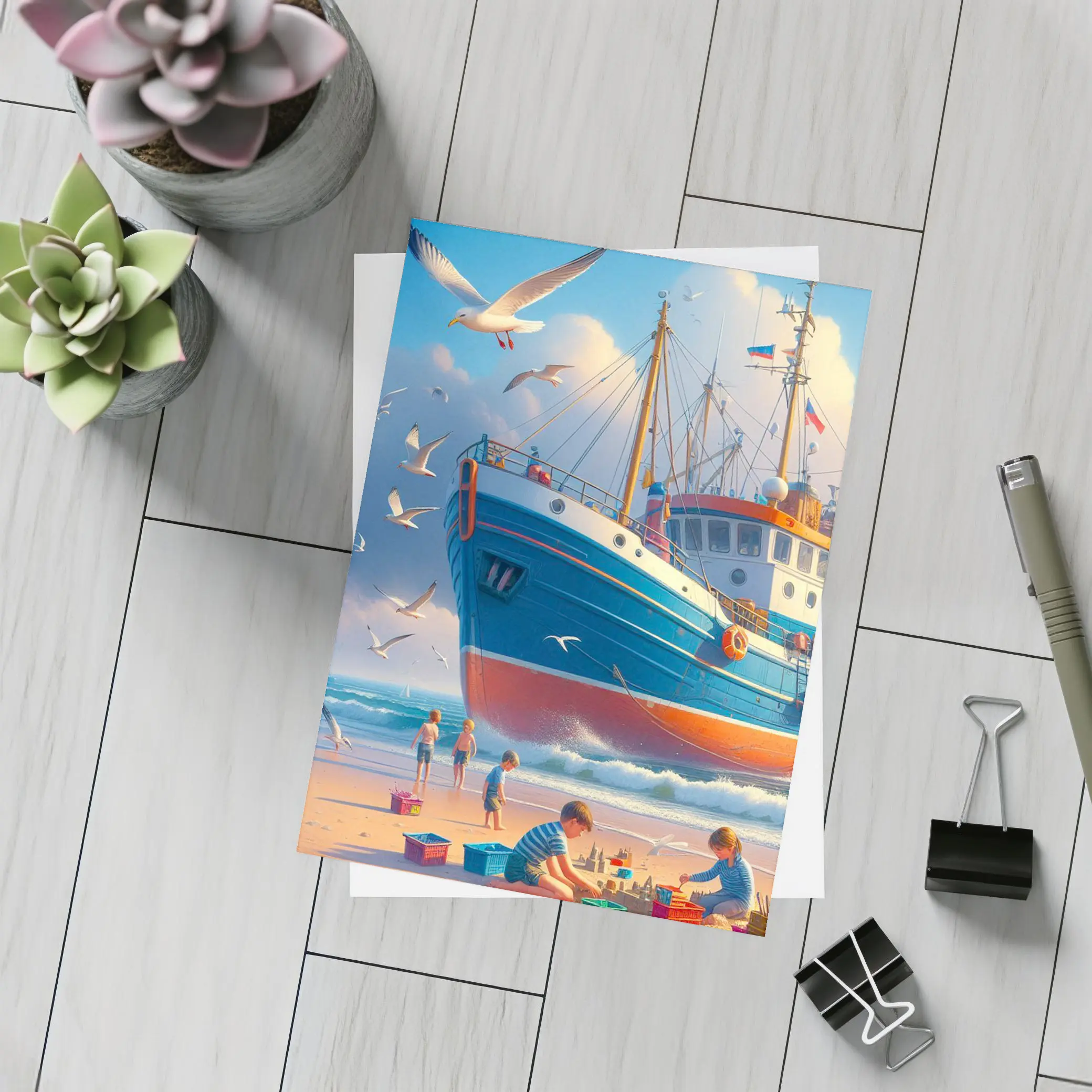Fishing Boat Beach Kids Seagulls Blue Sky – Postcards
