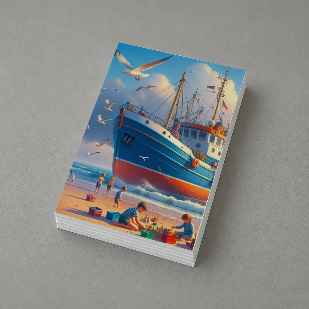 Fishing Boat Beach Kids Seagulls Blue Sky – Postcards