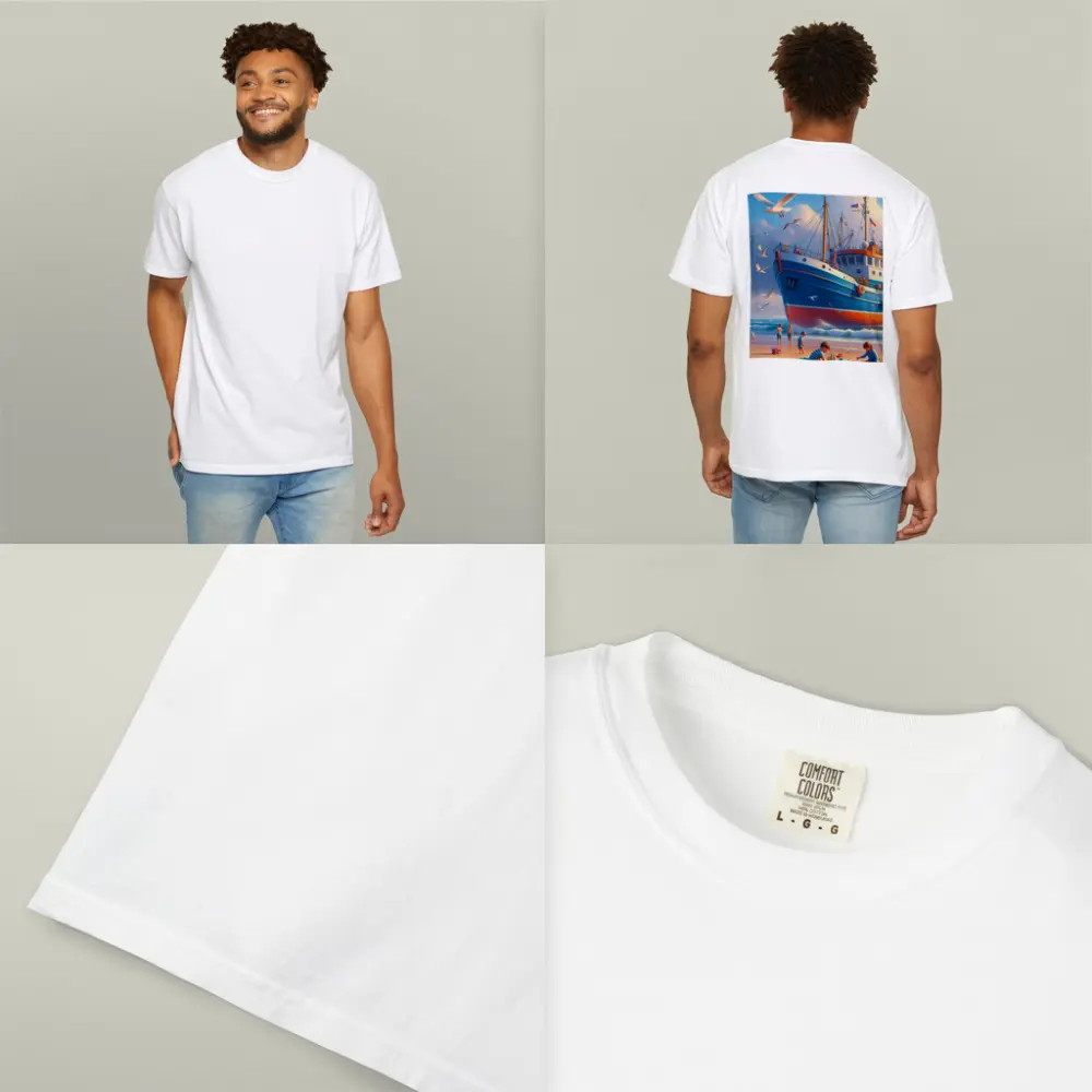 Fishing Boat Beach Kids Seagulls Blue Sky – T-Shirts