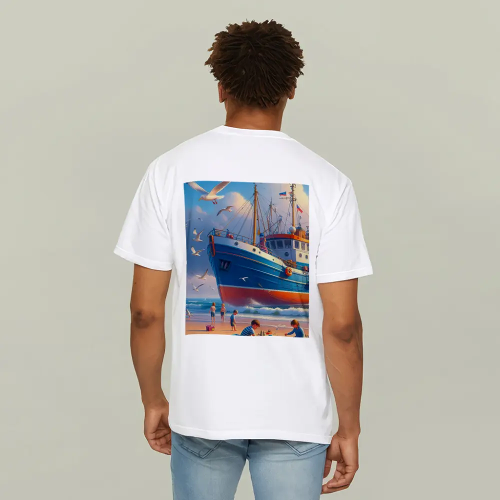 Fishing Boat Beach Kids Seagulls Blue Sky – T-Shirts
