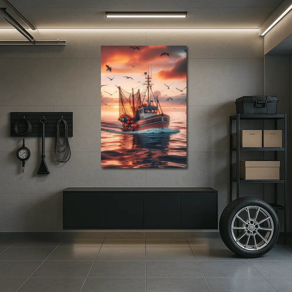 Fishing Trawler Sailing Sunset Ocean Birds – Wall Art