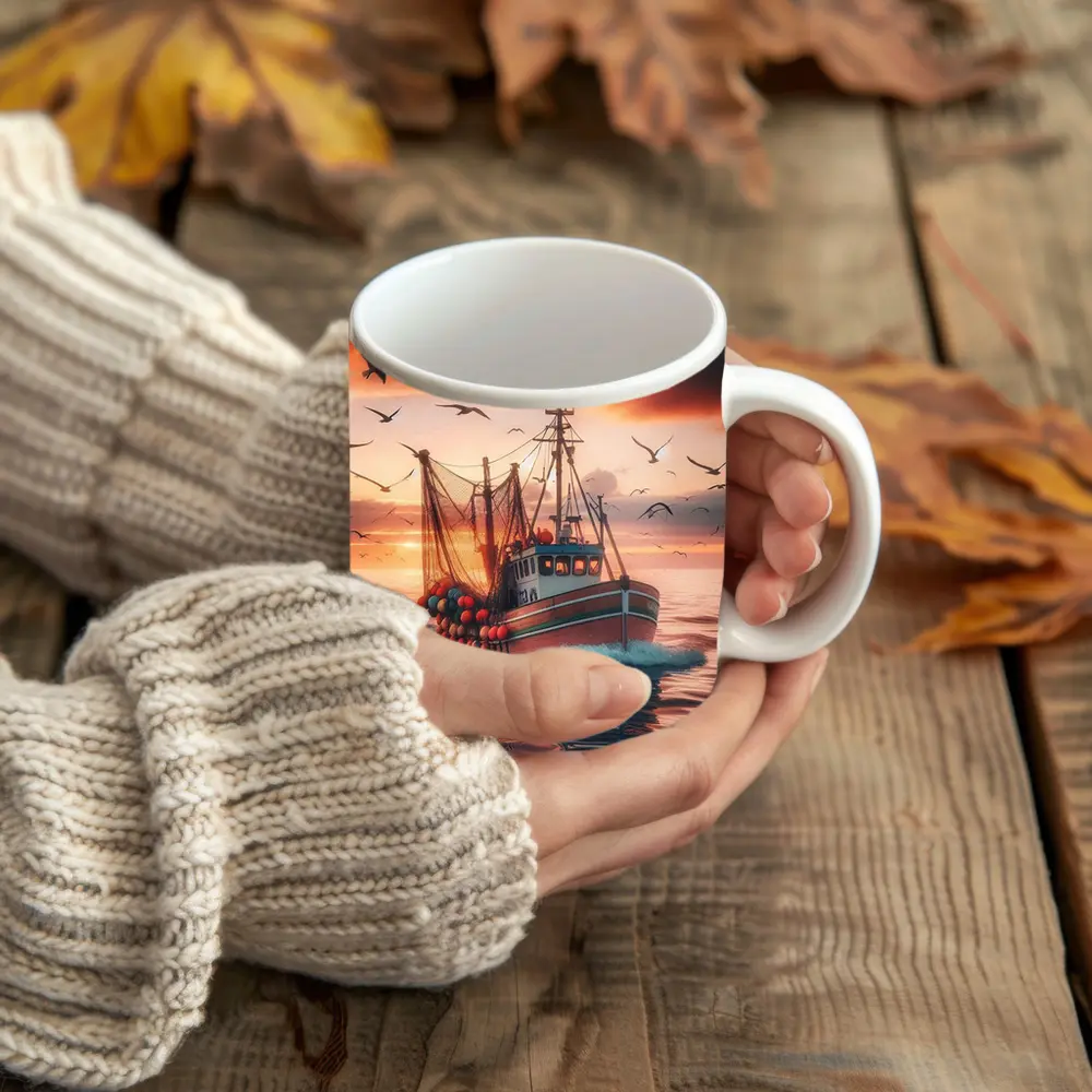Fishing Trawler Sailing Sunset Ocean Birds – Mugs