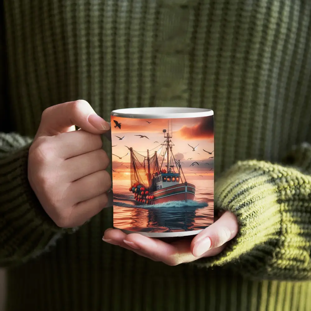 Fishing Trawler Sailing Sunset Ocean Birds – Mugs