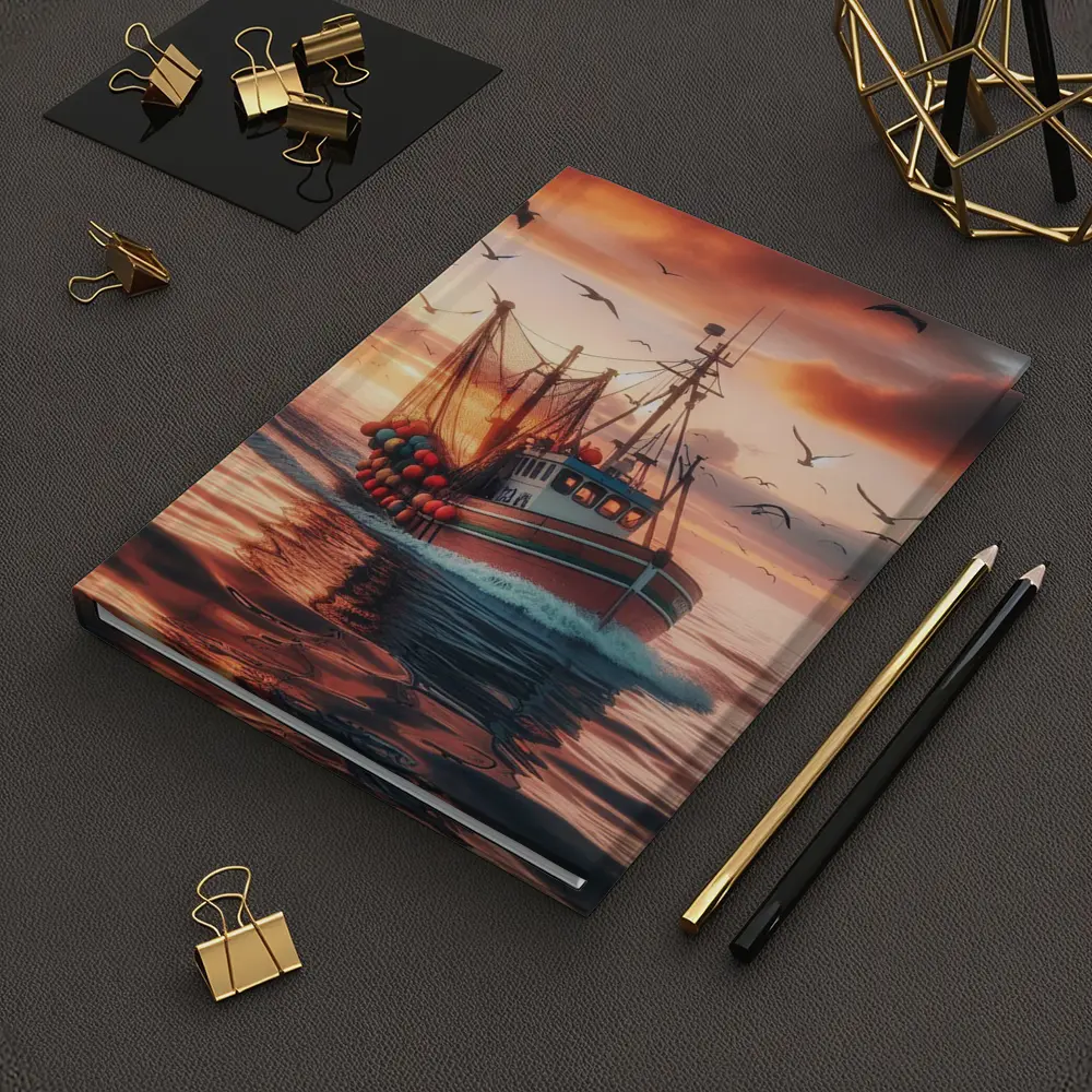 Fishing Trawler Sailing Sunset Ocean Birds – Notebooks