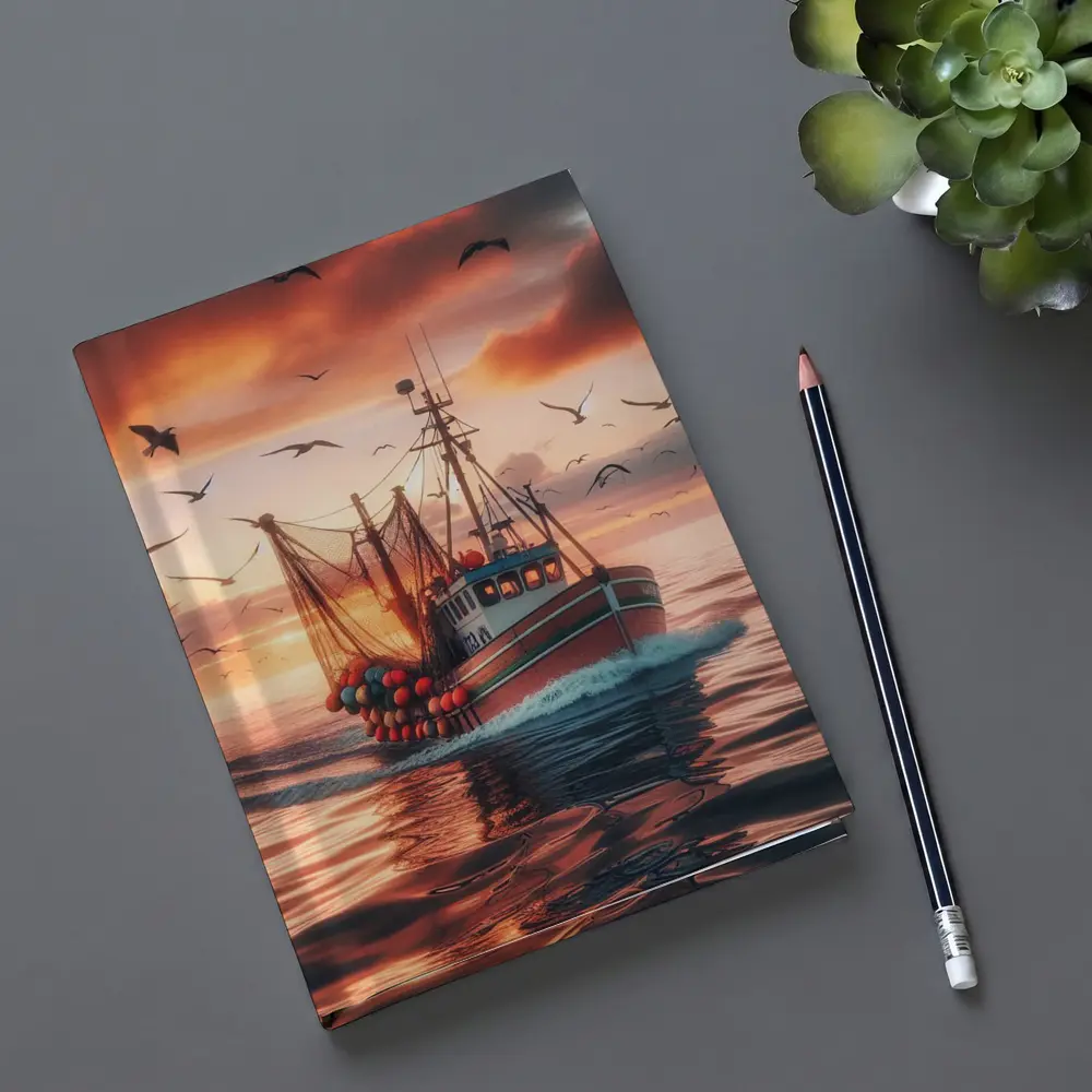 Fishing Trawler Sailing Sunset Ocean Birds – Notebooks
