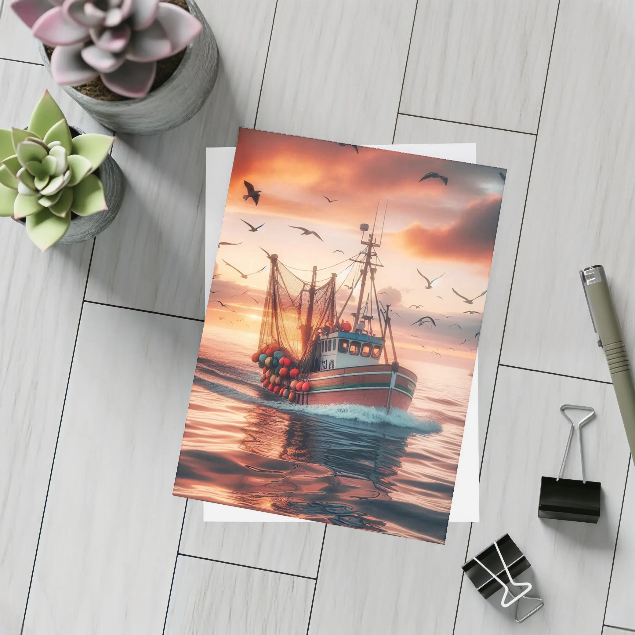 Fishing Trawler Sailing Sunset Ocean Birds – Postcards