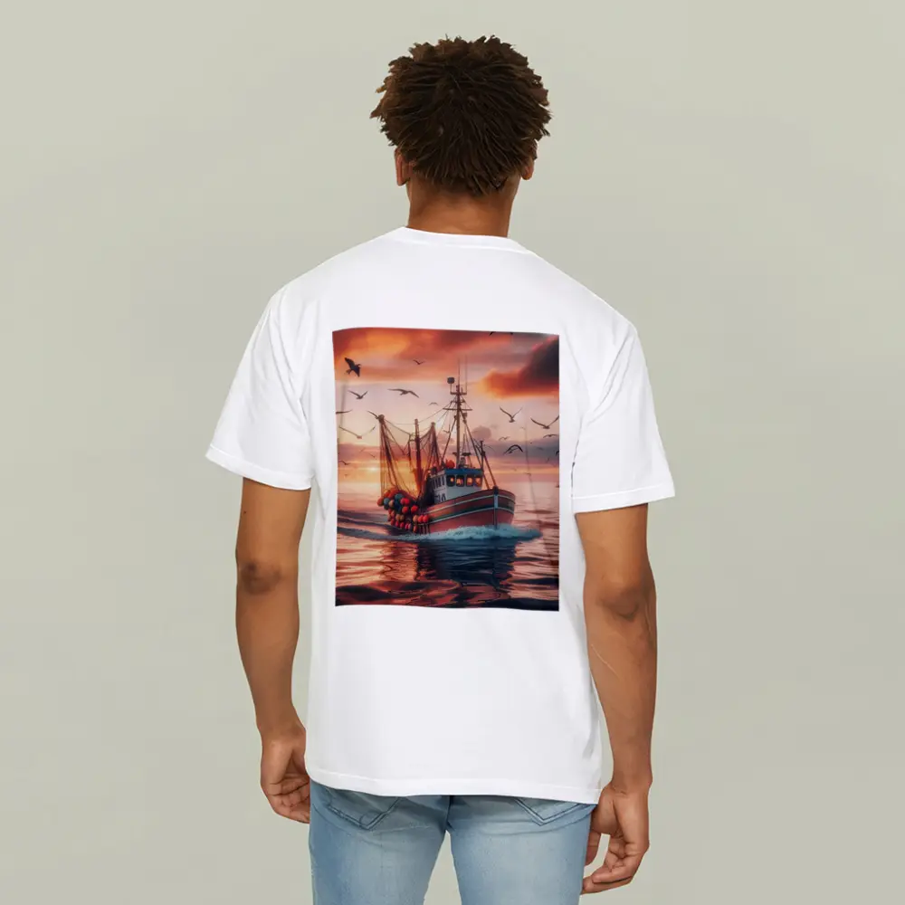 Fishing Trawler Sailing Sunset Ocean Birds – T-Shirts
