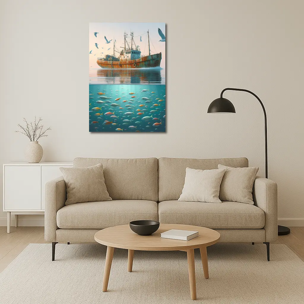 Rusty Fishing Trawler Above Colorful Ocean Fish – Wall Art