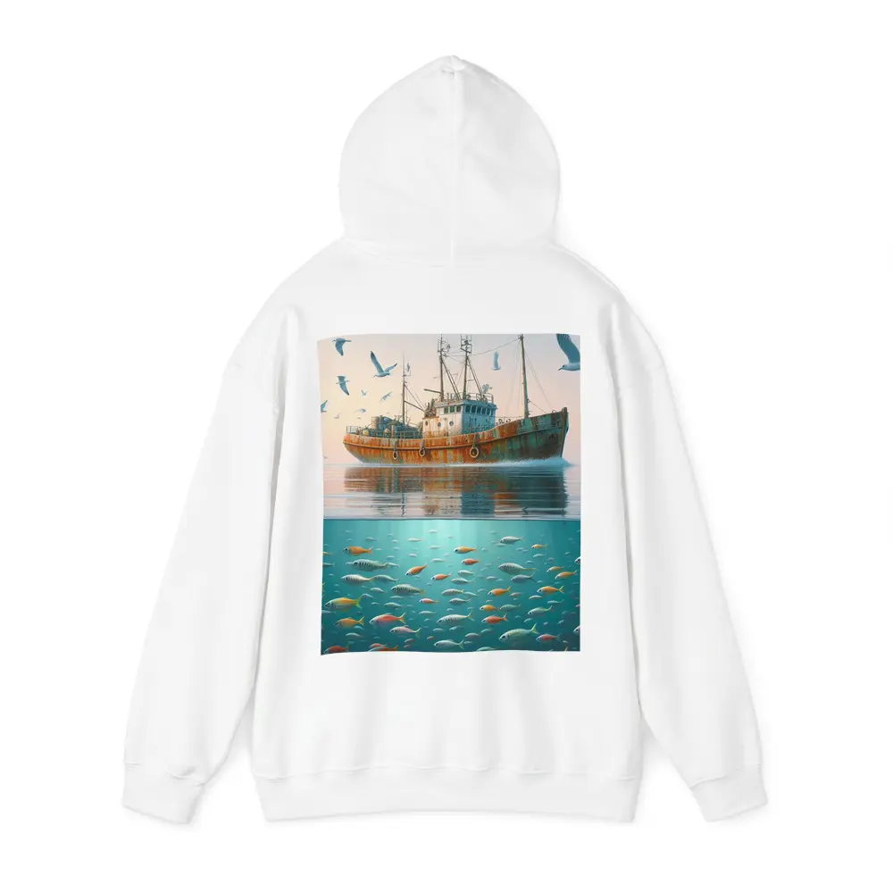 Rusty Fishing Trawler Above Colorful Ocean Fish – Hoodies