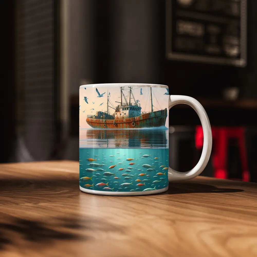 Rusty Fishing Trawler Above Colorful Ocean Fish – Mugs
