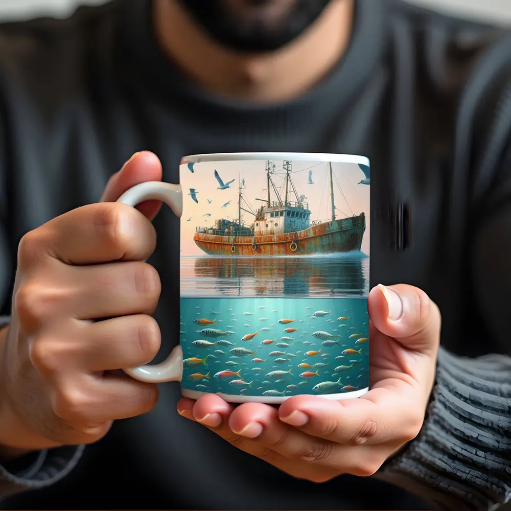 Rusty Fishing Trawler Above Colorful Ocean Fish – Mugs