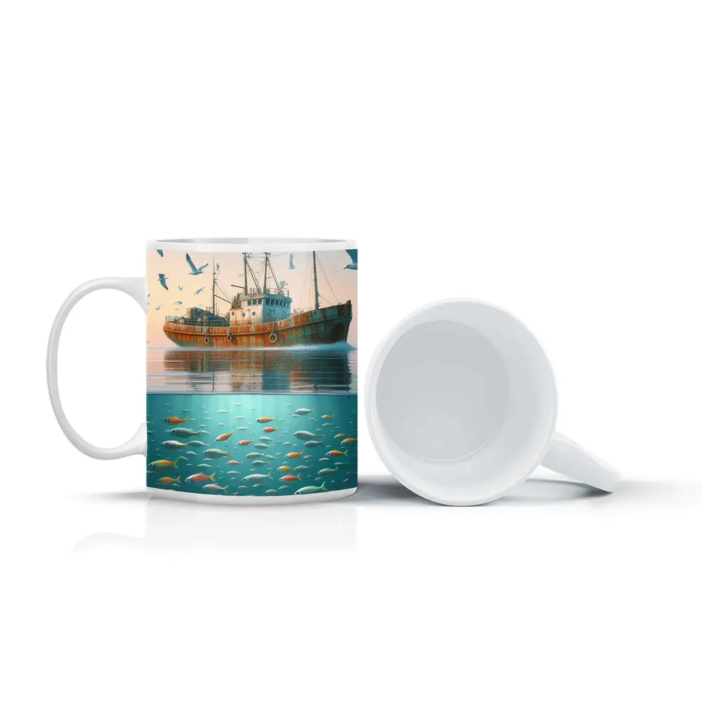 Rusty Fishing Trawler Above Colorful Ocean Fish – Mugs