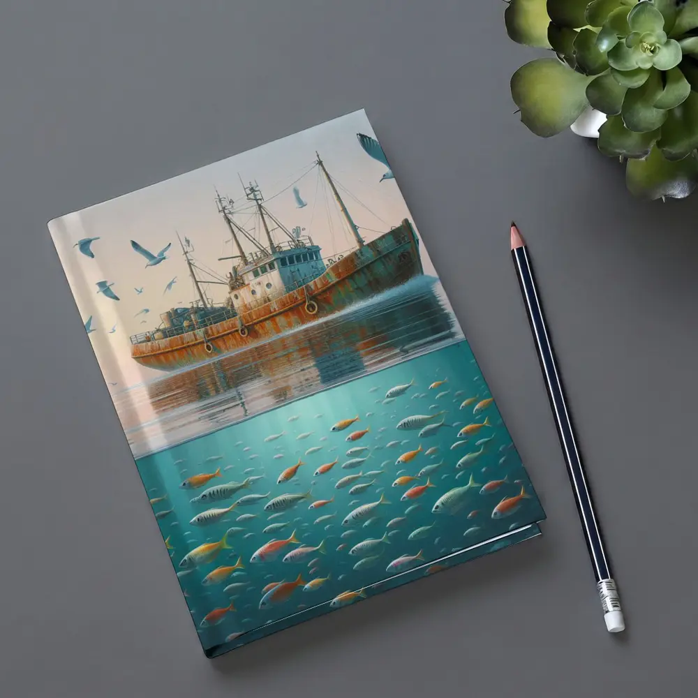 Rusty Fishing Trawler Above Colorful Ocean Fish – Notebooks