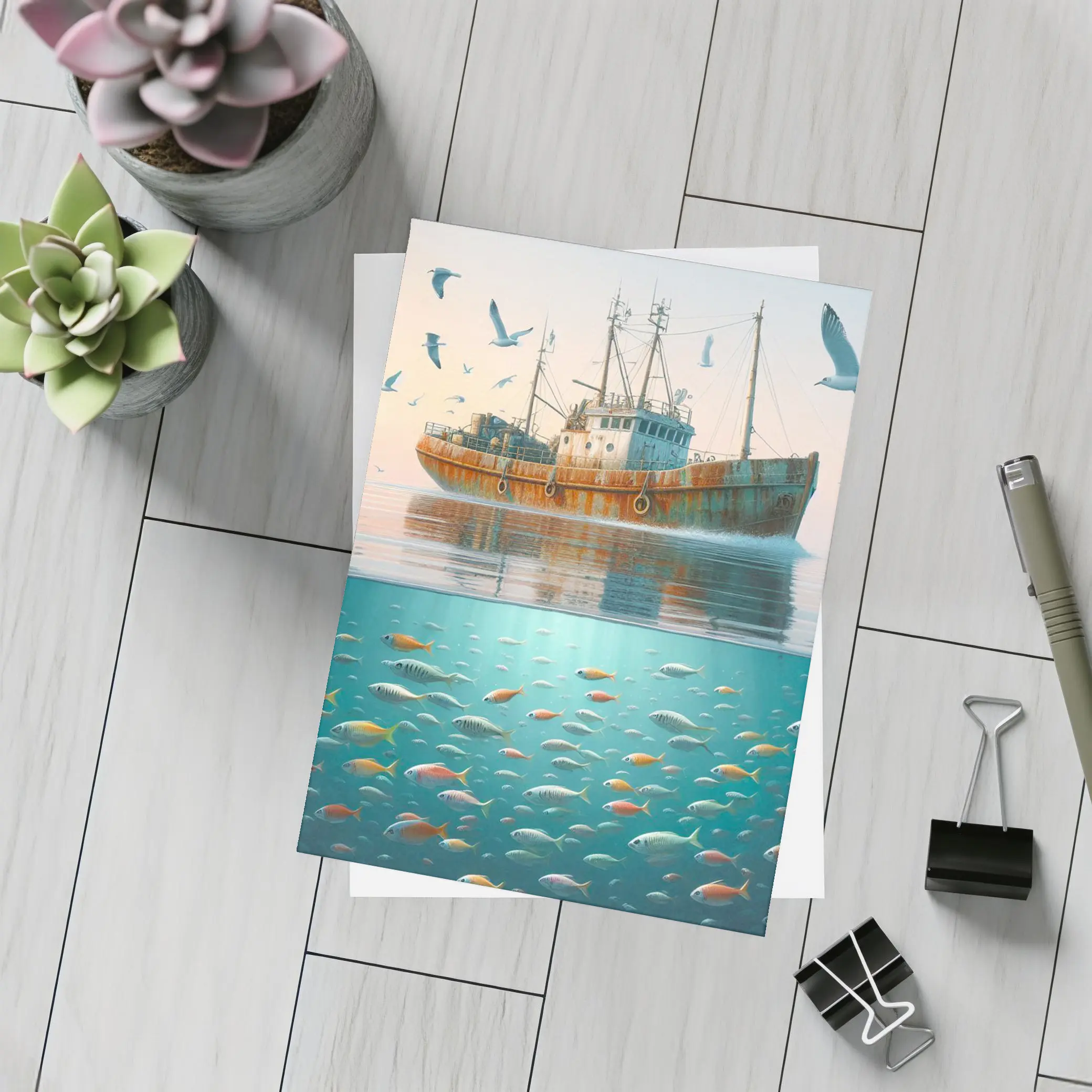 Rusty Fishing Trawler Above Colorful Ocean Fish – Postcards