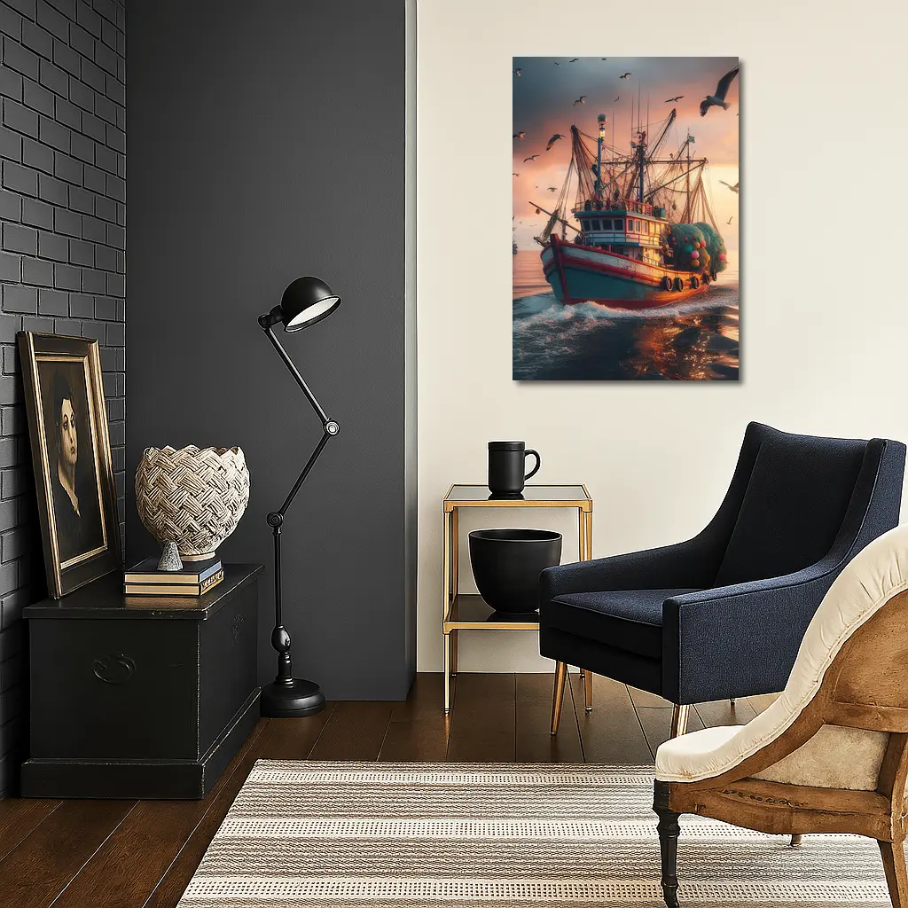 Fishing Trawler Sailing Ocean Sunset Seagulls – Wall Art