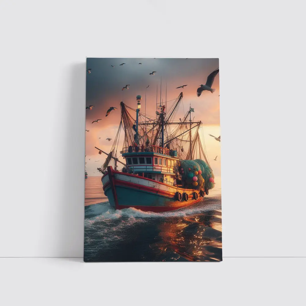 Fishing Trawler Sailing Ocean Sunset Seagulls – Wall Art