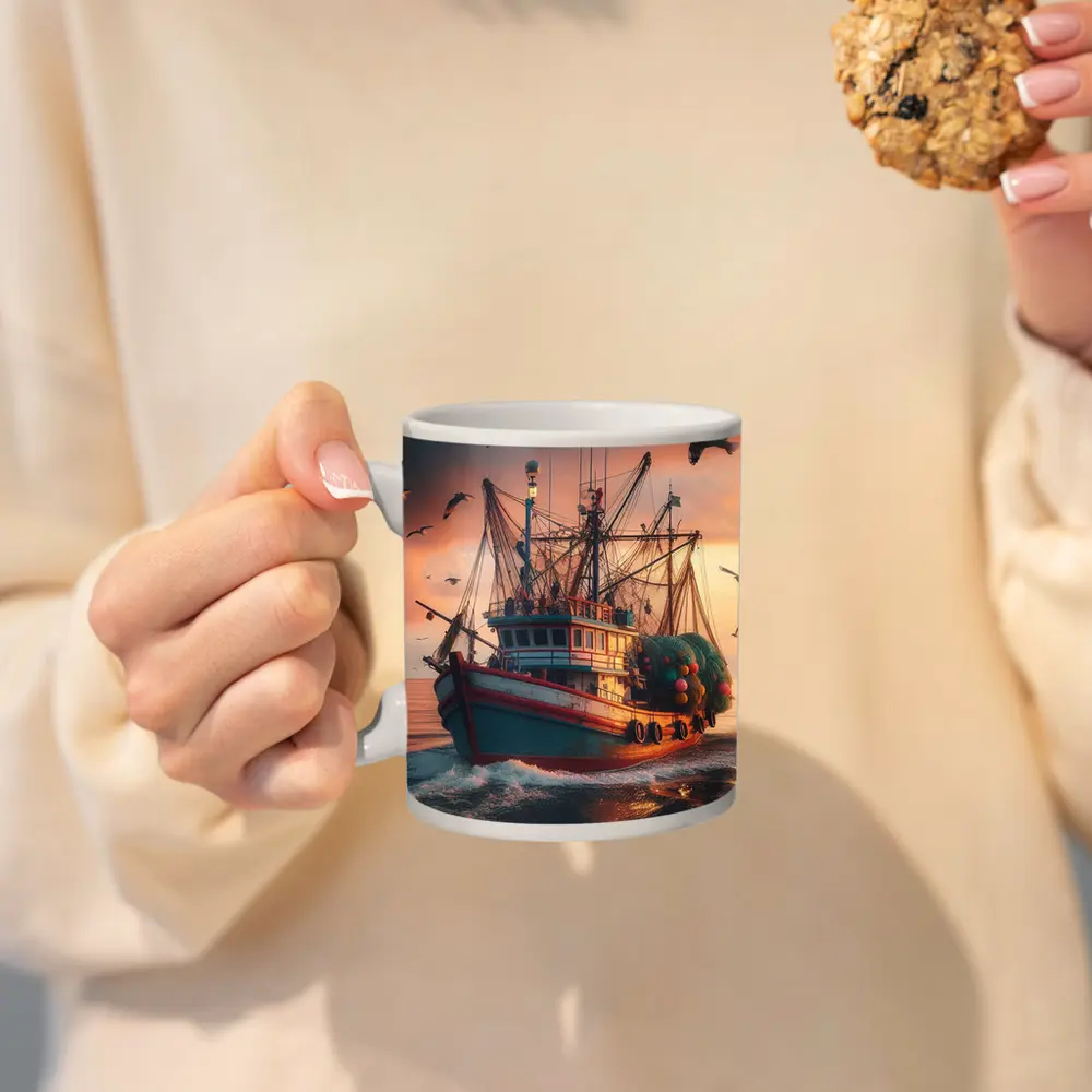 Fishing Trawler Sailing Ocean Sunset Seagulls – Mugs