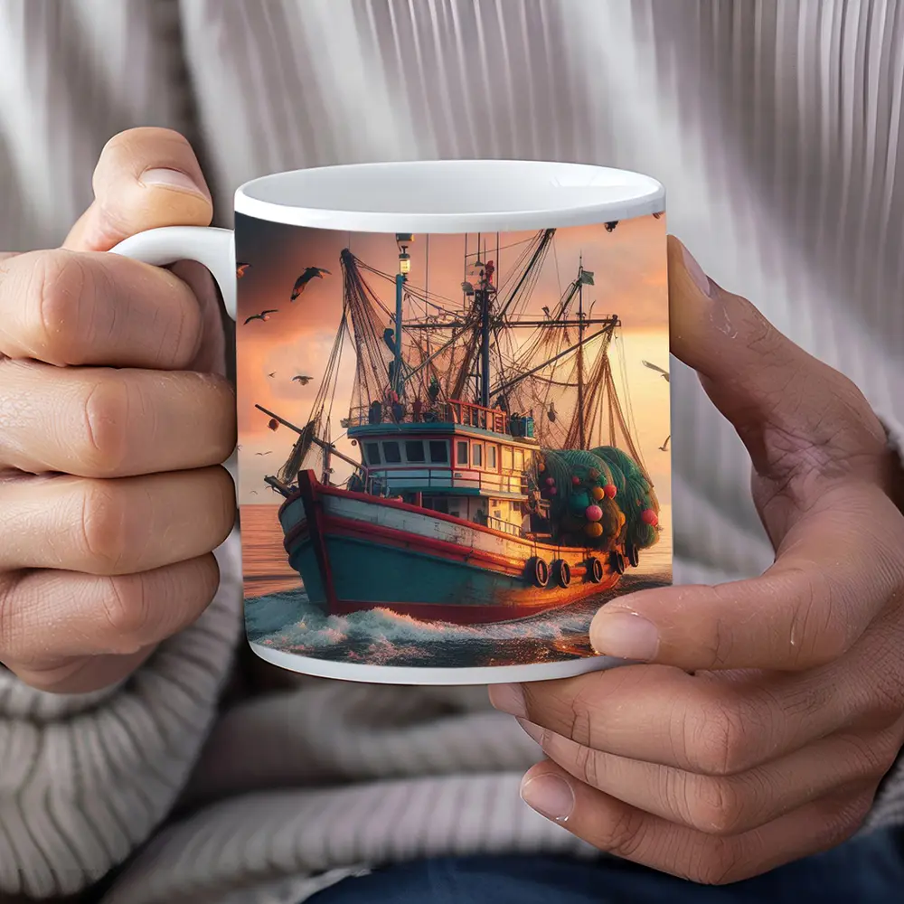 Fishing Trawler Sailing Ocean Sunset Seagulls – Mugs
