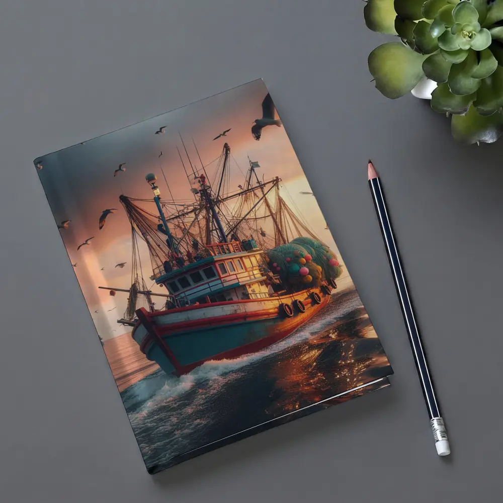 Fishing Trawler Sailing Ocean Sunset Seagulls – Notebooks