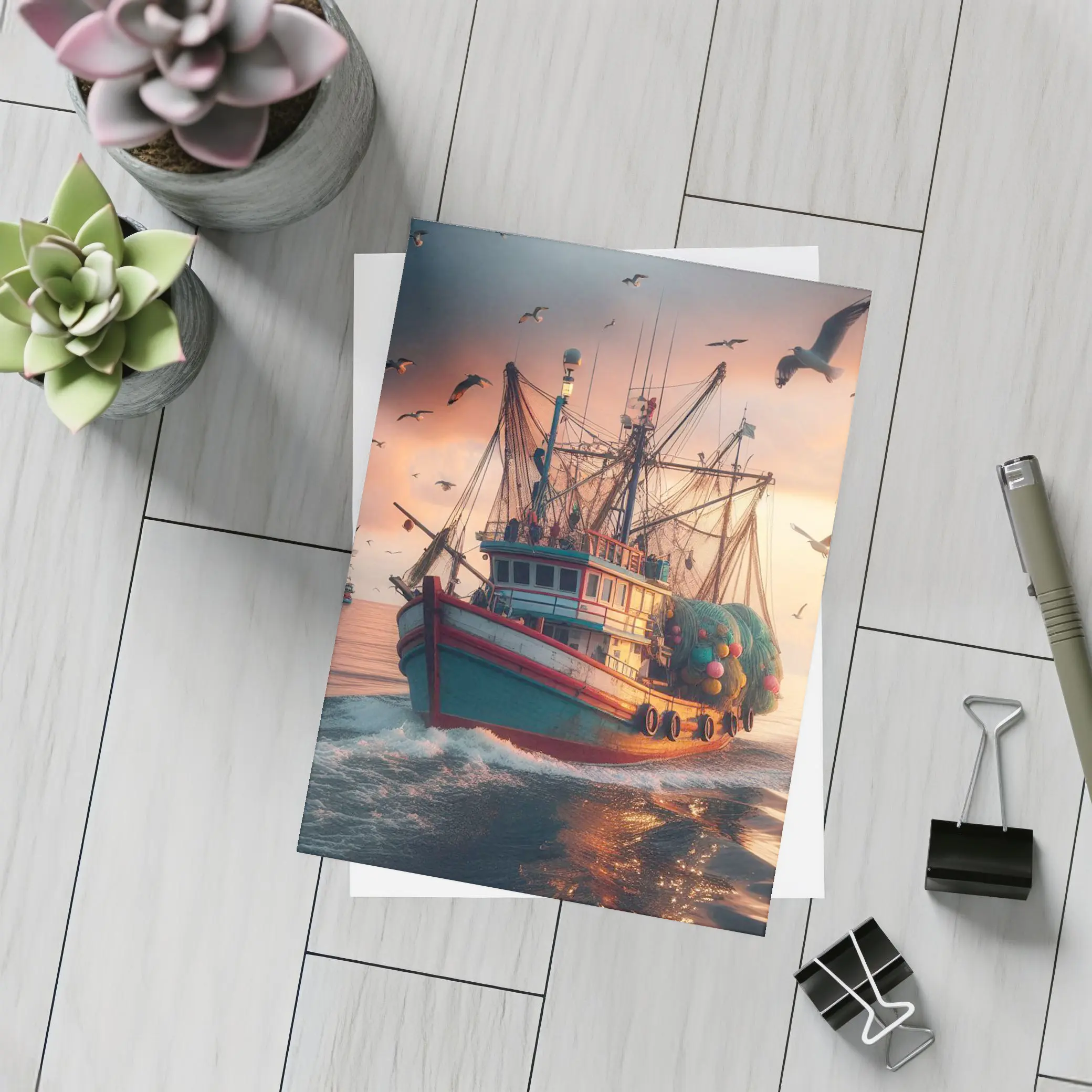 Fishing Trawler Sailing Ocean Sunset Seagulls – Postcards
