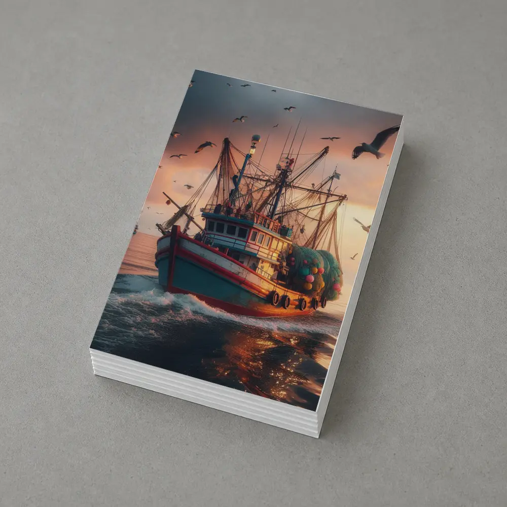 Fishing Trawler Sailing Ocean Sunset Seagulls – Postcards