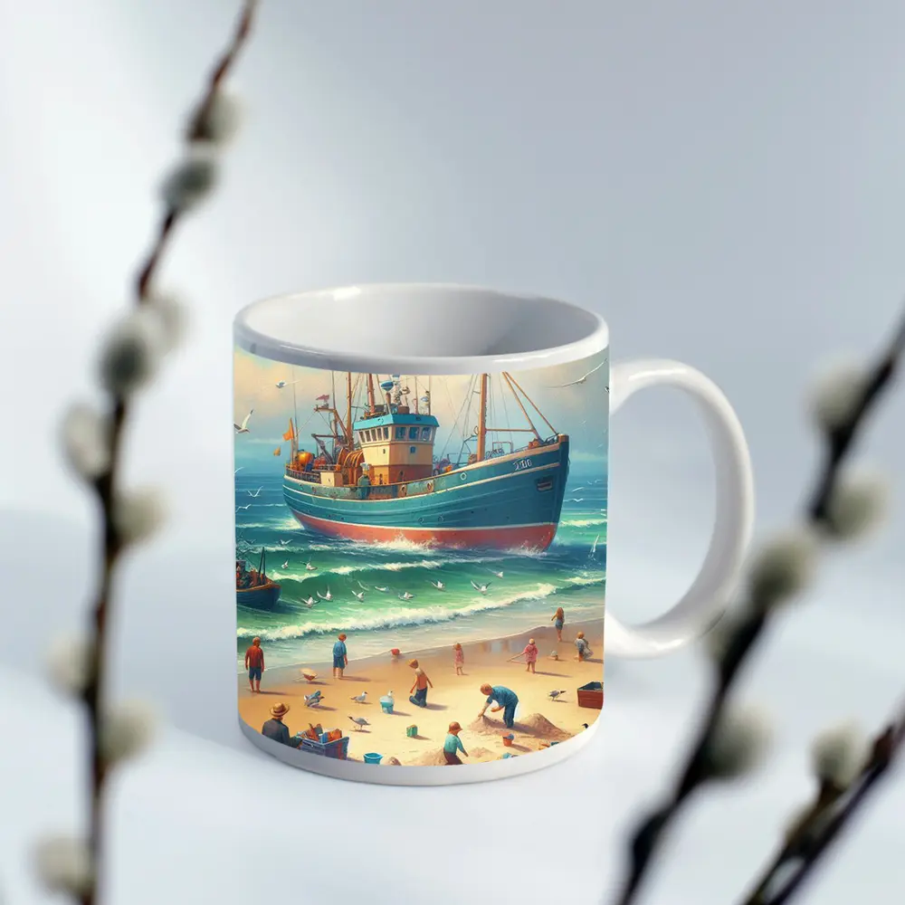 Fishing Boat Beach Scene Coastal Art – Mugs
