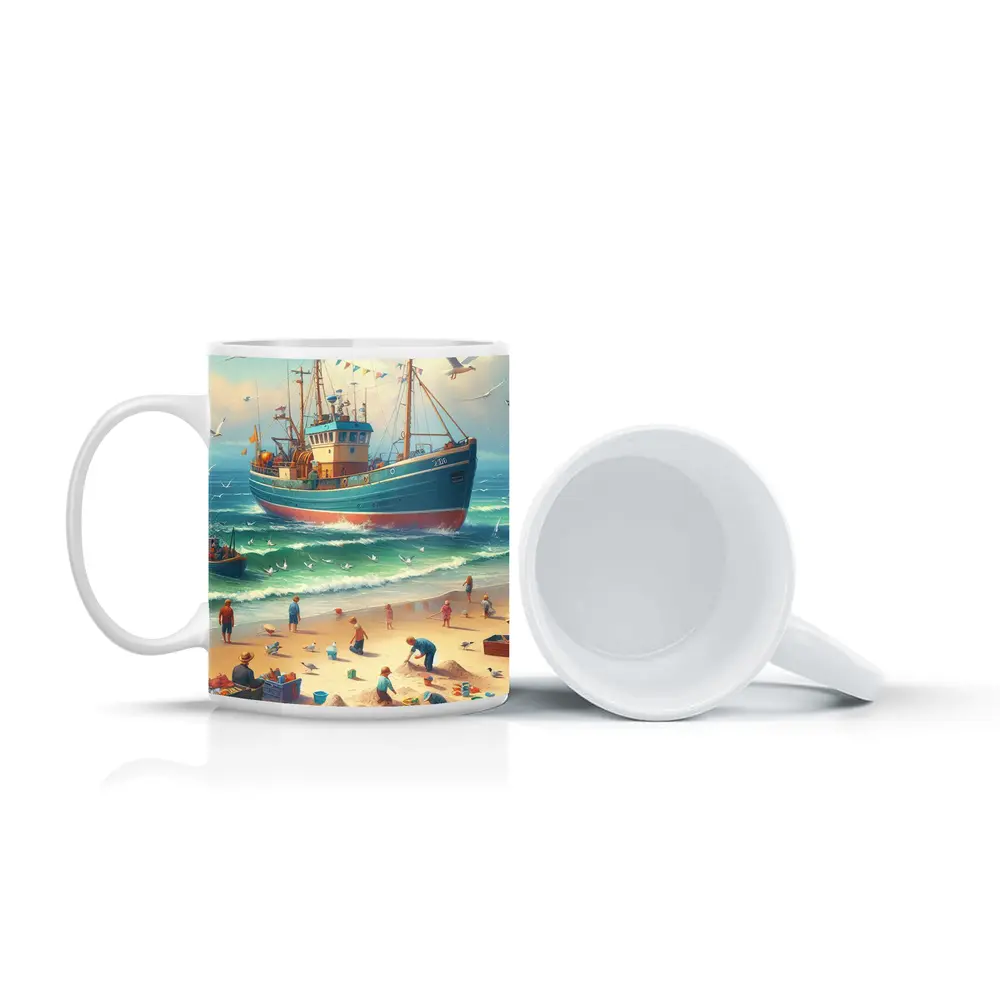 Fishing Boat Beach Scene Coastal Art – Mugs