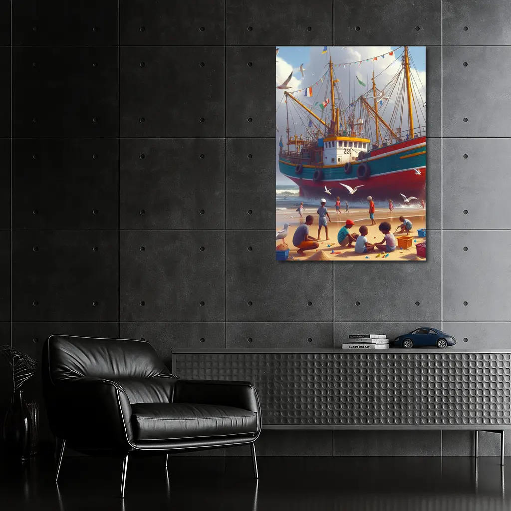 Children Playing Beach Colorful Fishing Boat – Wall Art
