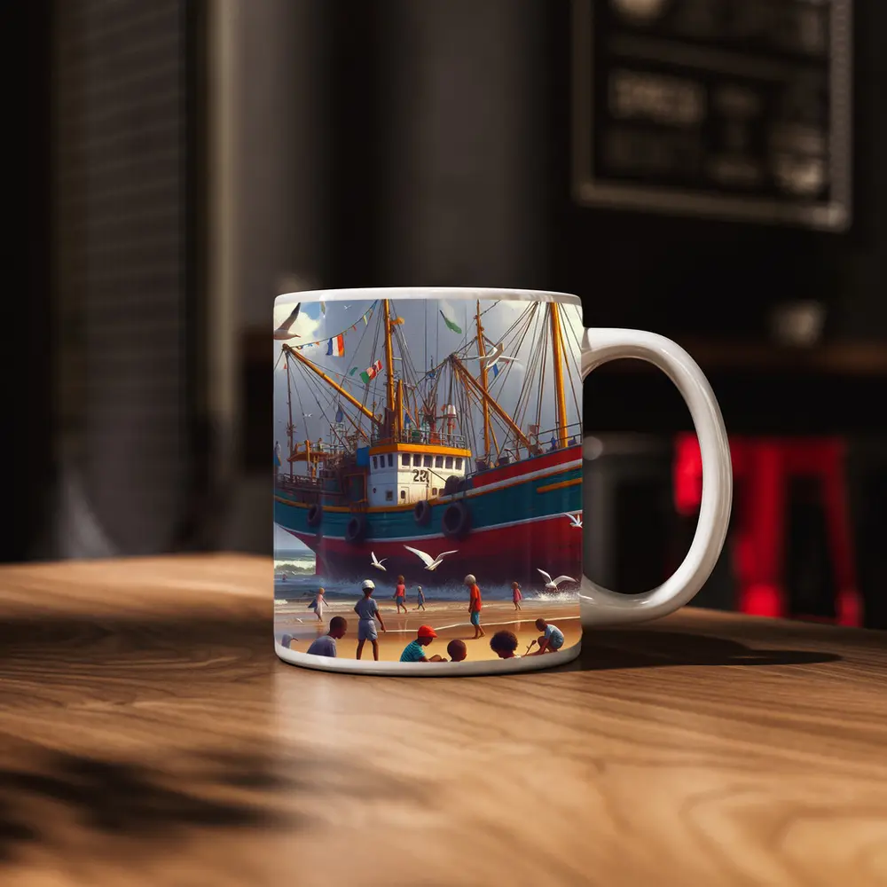 Children Playing Beach Colorful Fishing Boat – Mugs
