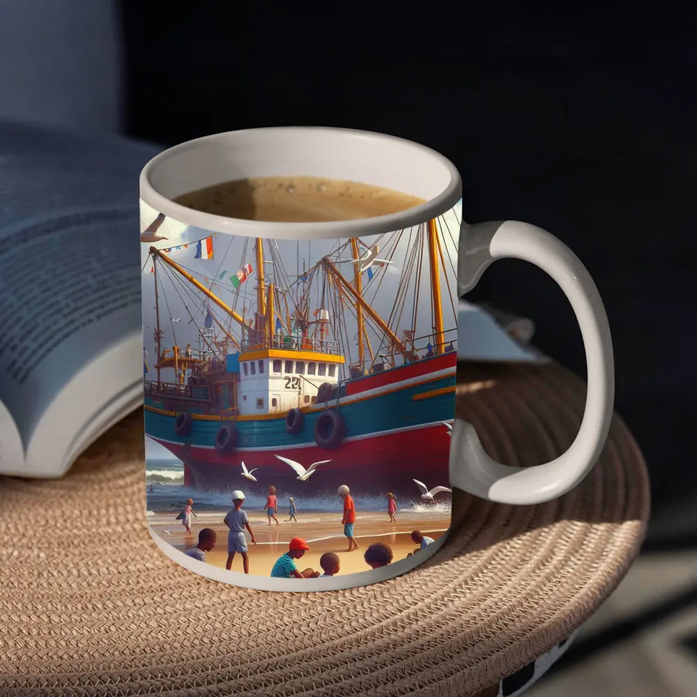 Children Playing Beach Colorful Fishing Boat – Mugs