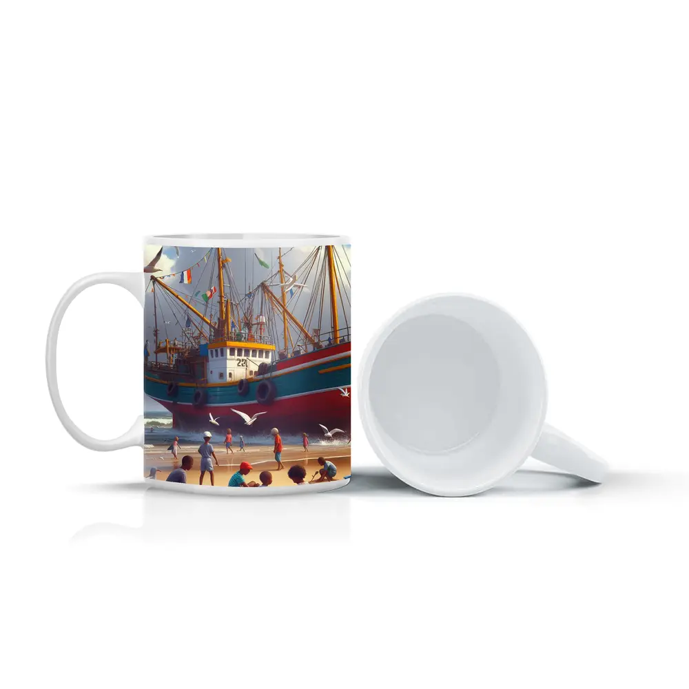 Children Playing Beach Colorful Fishing Boat – Mugs