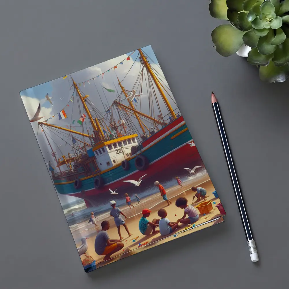Children Playing Beach Colorful Fishing Boat – Notebooks