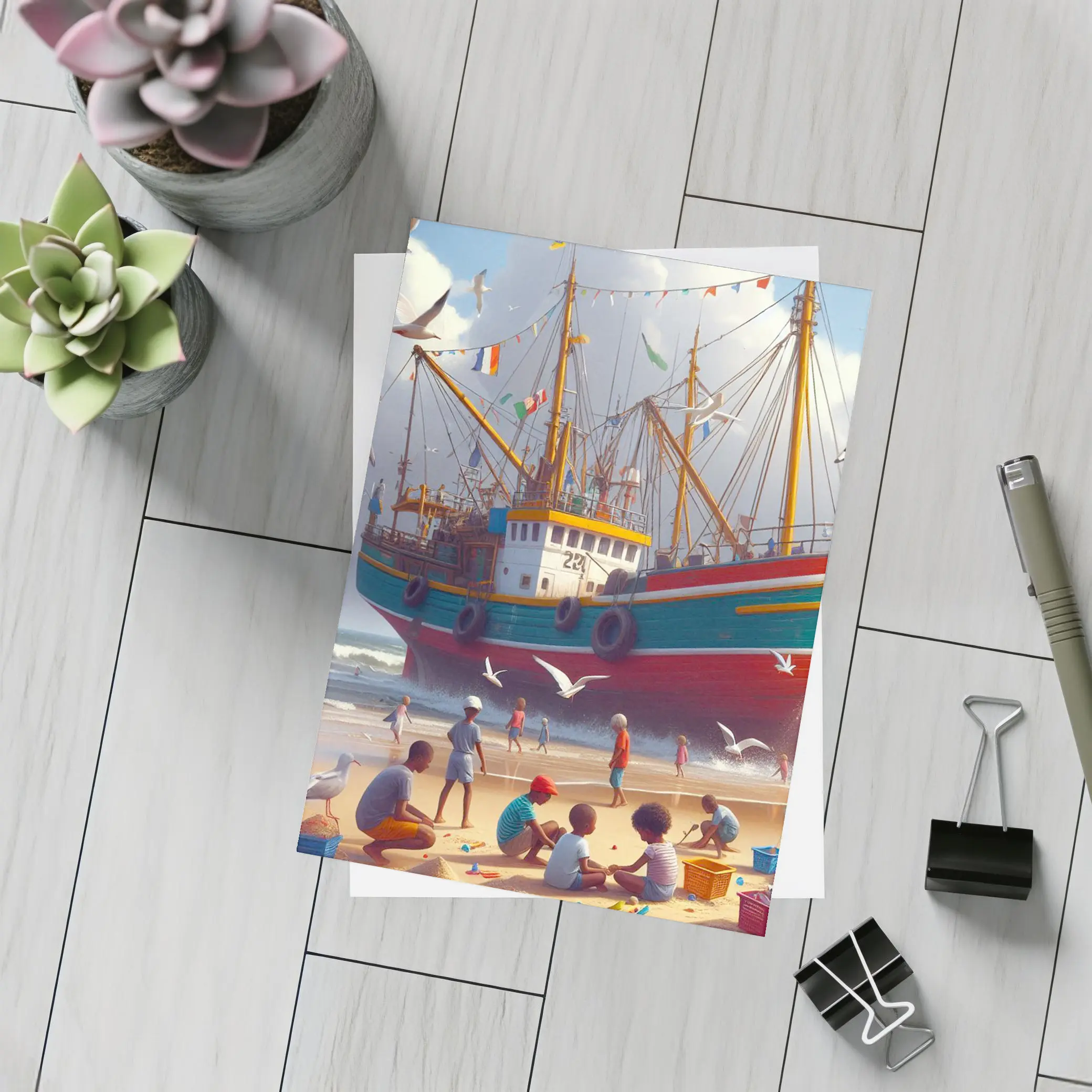 Children Playing Beach Colorful Fishing Boat – Postcards