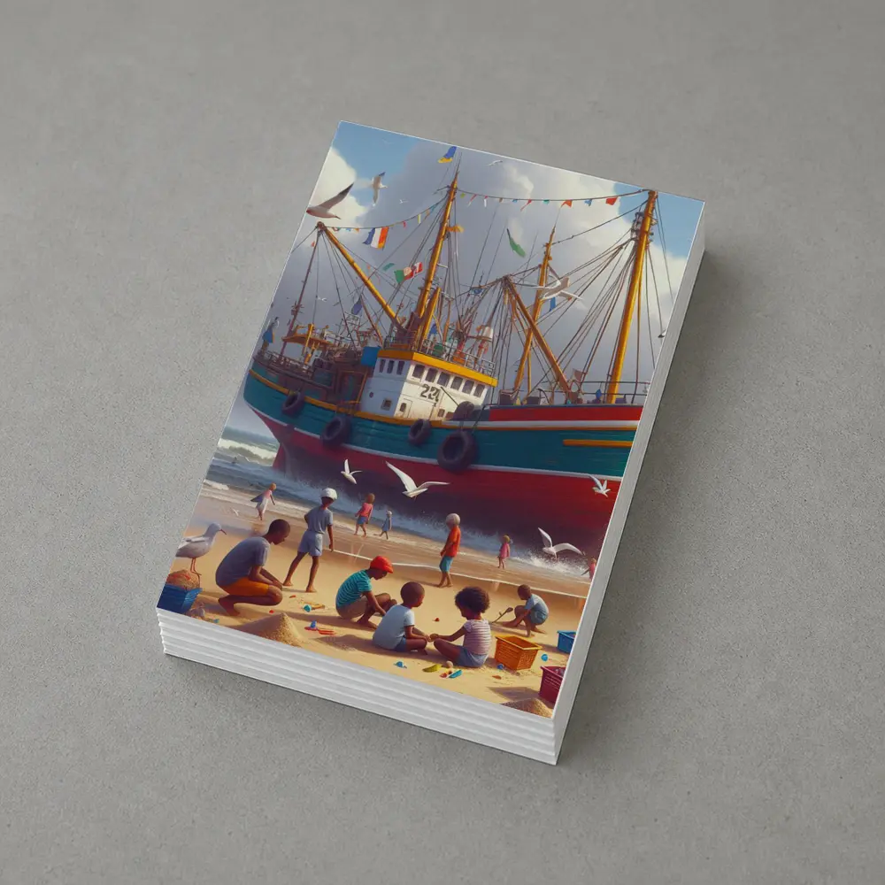Children Playing Beach Colorful Fishing Boat – Postcards