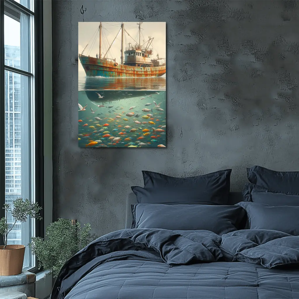 Rusty Fishing Trawler Above Colorful Underwater Fish – Wall Art